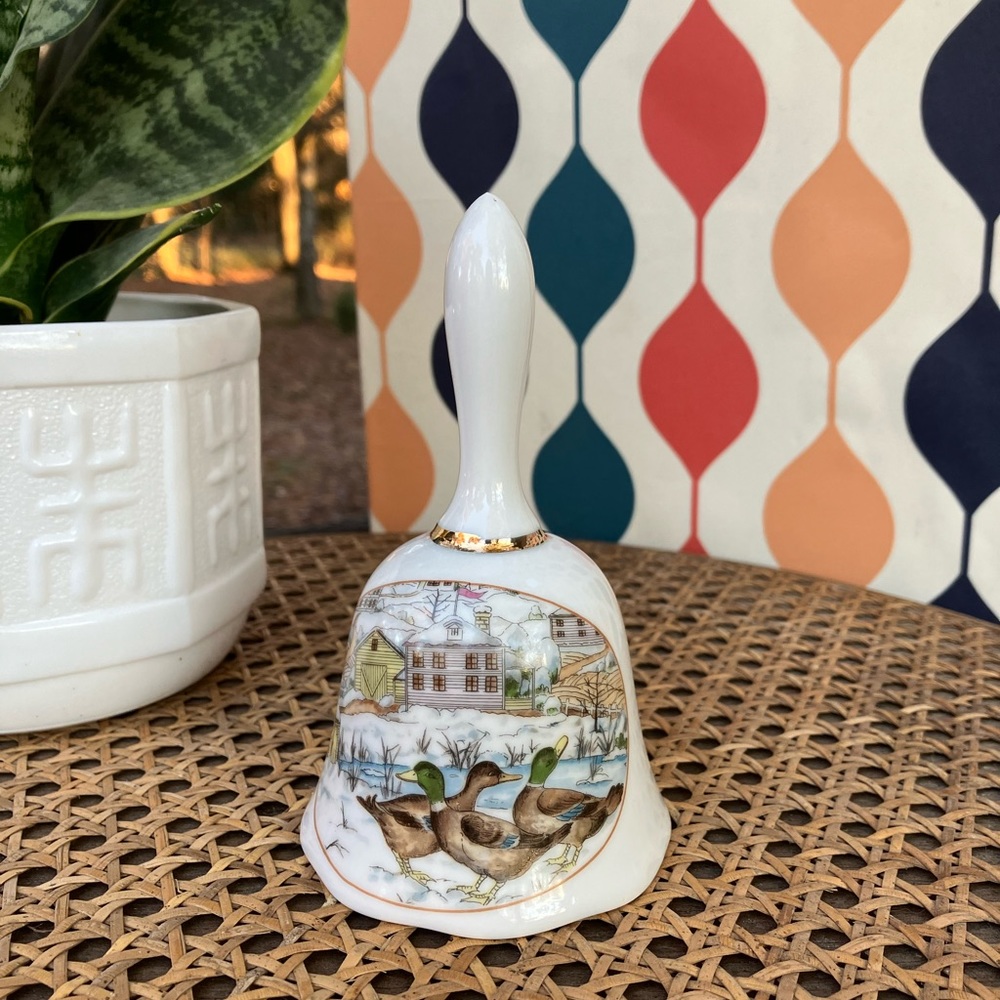 Gold Trimmed Winter Landscape w/Mallard Ducks Porcelain Bell